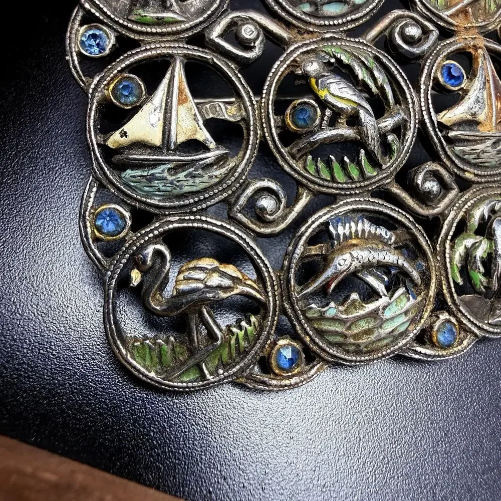 Vntg Florida Souvenir Tourist Brooch Enamel Metal Flamingo Palms Boats Swordfish